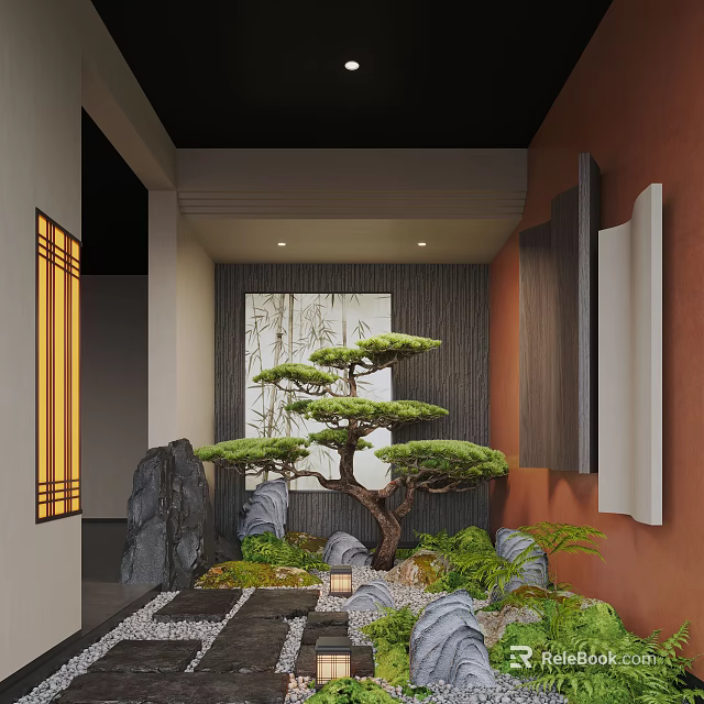 Karesansui Zen Garden In Japanese Entrance With Bonsai Pine Stones Moss And Stone Lantern 3d model 