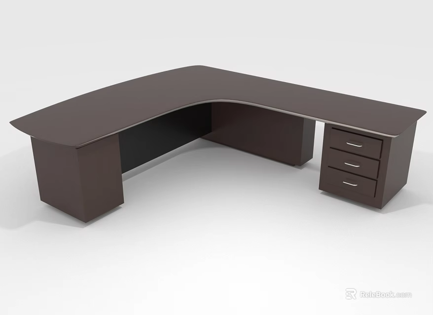 Brown L shaped Office Desk With Smooth Surface And Three Drawer Storage 3d model 