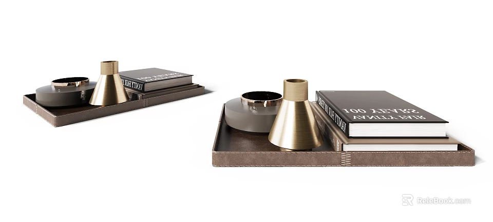 Minimalist Decorative Ornament Set With Brass Candle Holders Tray And Books 3d model 