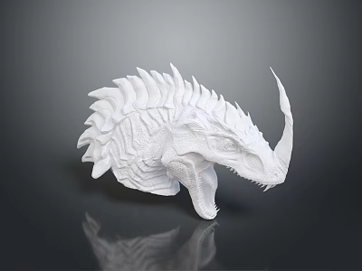 White Mythical Creature Skull Model Featuring Spiked Frills Curved Horn And Intricate Surface Texture 3d model