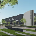 Modern Blue And White Office Building Exterior With Glass Windows Landscaped Garden And Trees