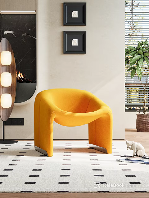 Yellow Leisure Chair in Modern Interior with Fireplace Floor Lamp Potted Plant and White Cat 3d model 