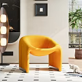 Yellow Leisure Chair in Modern Interior with Fireplace Floor Lamp Potted Plant and White Cat