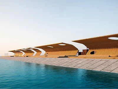 Outdoor Waterfront Landscape Seats With Wooden Wave Like Structure And Stone Pavement 3d model