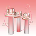 Modern Transparent Column Display Shelves With Circular Decorations And Floral Items On Pink Background