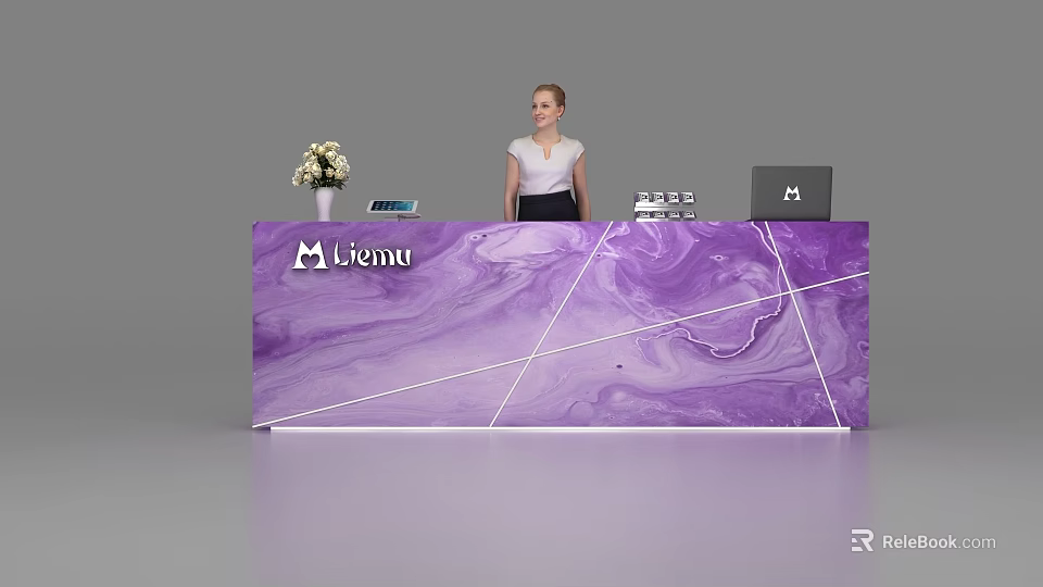Purple Marble Reception Desk With Menu Logo Flower Vase And Laptop 3d model 