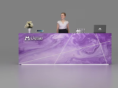 Purple Marble Reception Desk With Menu Logo Flower Vase And Laptop 3d model