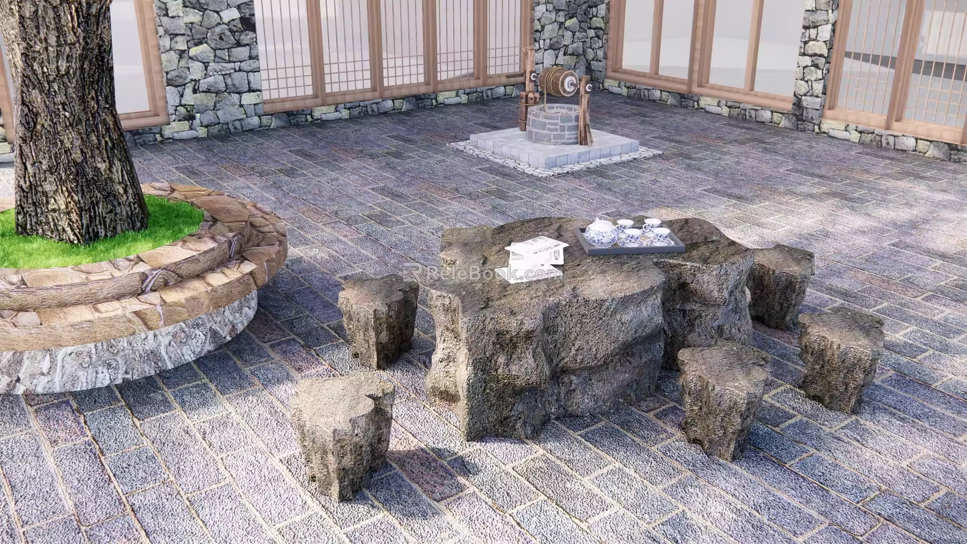 Modern Ecological Stone Table and Chair Courtyard Stone Bench Courtyard Table and Chair Stone Table Stone Bench Stone Table and Chair Table and Chair Combination 3d model