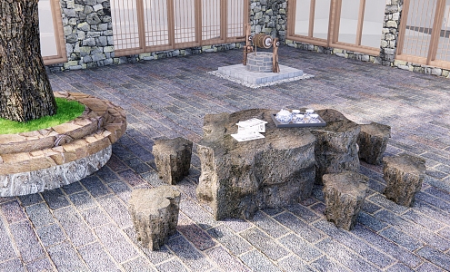 Modern Ecological Stone Table and Chair Courtyard Stone Bench Courtyard Table and Chair Stone Table Stone Bench Stone Table and Chair Table and Chair Combination 3d model