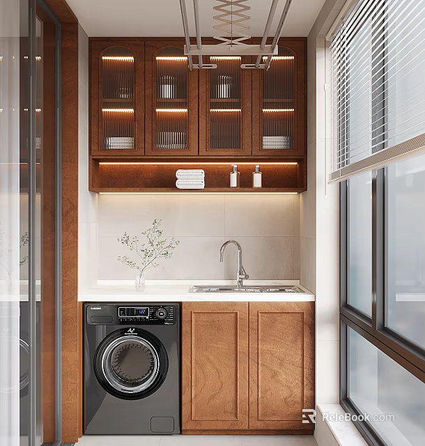 Modern Laundry Room with Wooden Cabinets Washing Machine Sink Green Plant and White Countertop 3d model 