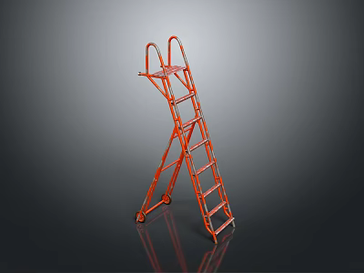 Sturdy Orange Foldable Industrial Ladder With Wheels And Safety Rails 3d model