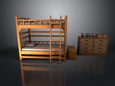 Wooden Bunk Bed Set With Mattress Ladder And Dresser Drawers 3d model