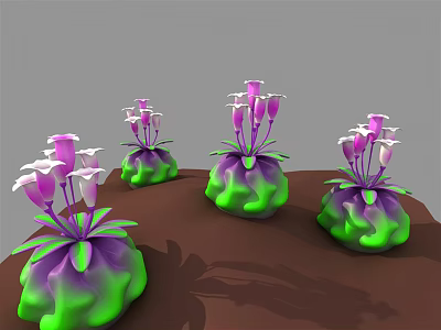 Cartoon Scene With Five Purple Green Plants And Pink White Flowers On Brown Ground 3d model