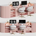 Modern Pink Reception Desk with Two Computers Dual Monitors Table Lamps Clock And Chairs 3d model