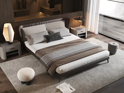 Modern Double Bed With Upholstered Headboard Nightstands Table Lamps And Area Rug 3d model