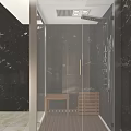 Modern Shower Sauna with Black Marble Walls Glass Enclosure Wooden Bench and Flooring