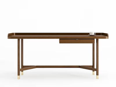 Brown Wooden Desk With Smooth Top Surface Single Drawer And Gold Metal Legs 3d model