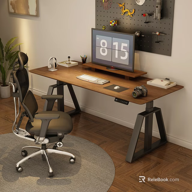 Cozy Home Study Room With Wooden Desk Computer Monitor Office Chair Green Plant And Rug 3d model 