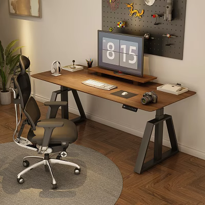 Cozy Home Study Room With Wooden Desk Computer Monitor Office Chair Green Plant And Rug 3d model