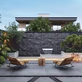 Modern Courtyard Garden With Water Fountain Wooden Deck Outdoor Dining Table And Lounge Chairs