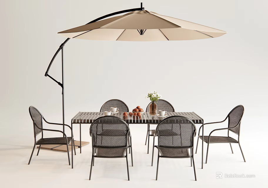 Outdoor Table With Wooden Striped Tabletop Woven Metal Chairs And Black Metal Frame Beige Umbrella 3d model 