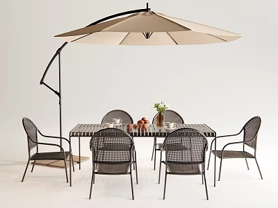 Outdoor Table With Wooden Striped Tabletop Woven Metal Chairs And Black Metal Frame Beige Umbrella 3d model