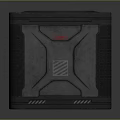 Cube Shaped Household Item With Gray And Black Textured Exterior And Red Logo Design