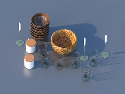 Everyday Household Essentials With Stacked Wooden Bowls Wicker Basket Glass Cups And Candle Holders 3d model