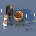 Everyday Household Essentials With Stacked Wooden Bowls Wicker Basket Glass Cups And Candle Holders