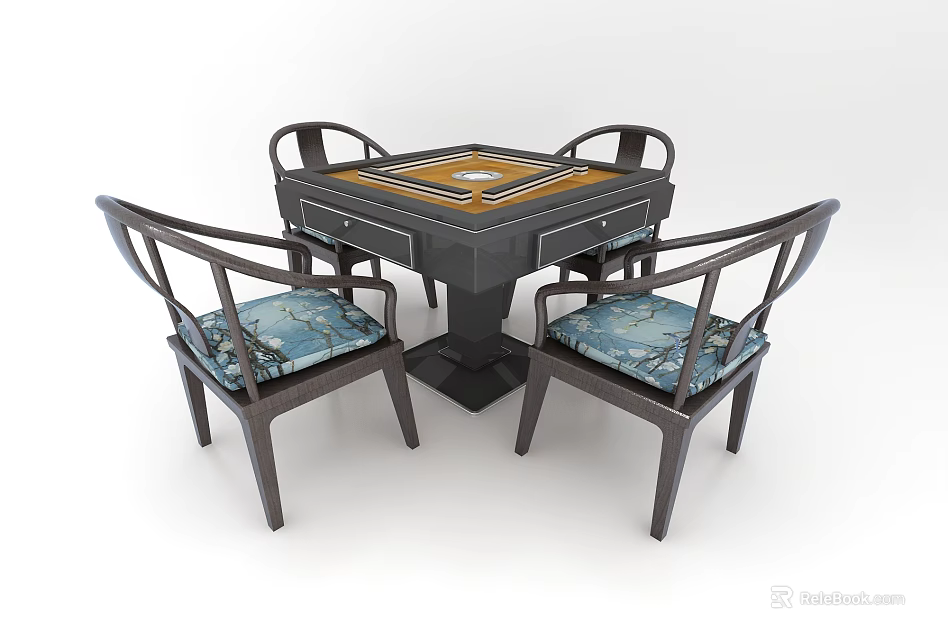 Square Dark Entertainment Table With Four Chairs Blue Patterned Seats Ideal For Game Playing 3d model