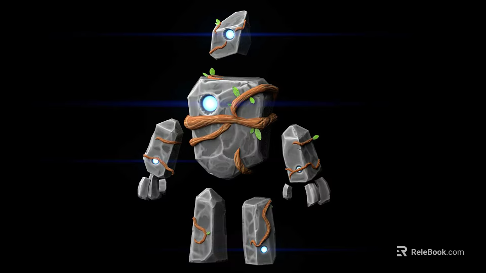 Stone Character Creature With Rocky Body Vines Green Leaves And Glowing Eyes 3d model 