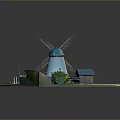 Miniature Scenic Model Featuring Blue Windmill Circular Grassy Area Path Tree And Small Buildings
