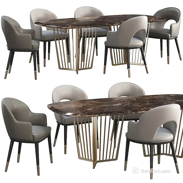 Modern Dining Table Set With Marble Top And Light Gray Metal Leg Chairs 3d model 
