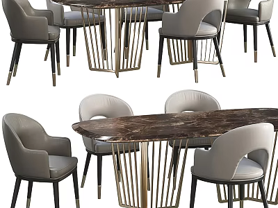 Modern Dining Table Set With Marble Top And Light Gray Metal Leg Chairs 3d model
