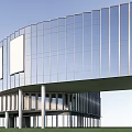 Modern High Rise Office Building Featuring Glass Curtain Wall And Podium Base With Grass Area