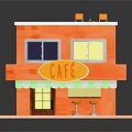 Cartoon Style Cafe Building With Orange Exterior Terrace And Outdoor Tables Chairs