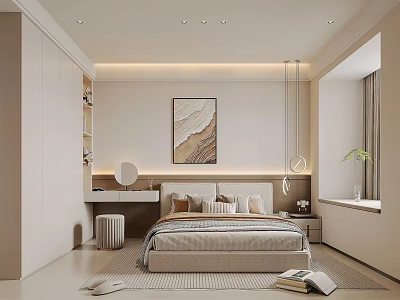 Modern Bedroom Interior With Bed Nightstand Lamp Wall Art Dressing Table Mirror And Plant 3d model