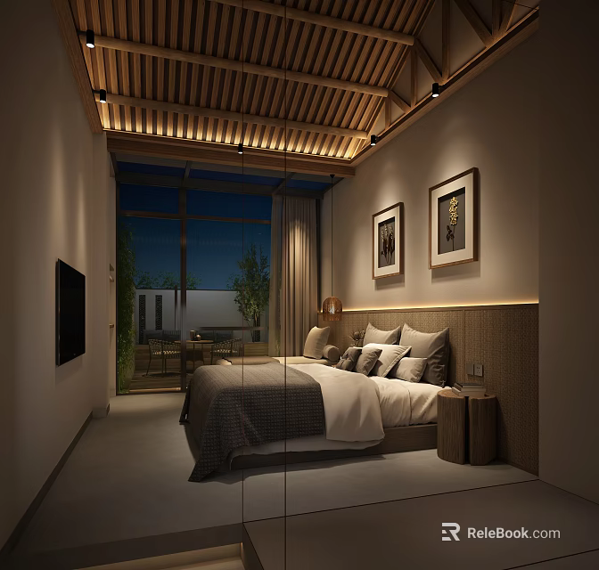 Modern Hotel Guest Room With Wooden Ceiling Large Bed Framed Paintings And Greenery View 3d model 