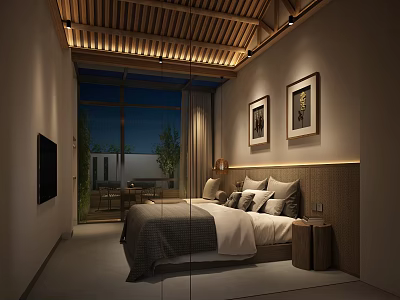 Modern Hotel Guest Room With Wooden Ceiling Large Bed Framed Paintings And Greenery View 3d model