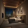 Modern Hotel Guest Room With Wooden Ceiling Large Bed Framed Paintings And Greenery View