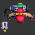 Animated 3D Game Character With Red Hair Mechanical Backpack Spray Gun Blue Vest Yellow Pants