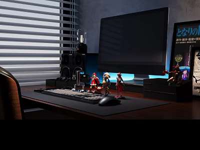 Stylish Decorative Figurine Set On Gaming Desk With TV Speakers And Controllers 3d model