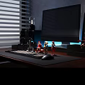 Stylish Decorative Figurine Set On Gaming Desk With TV Speakers And Controllers