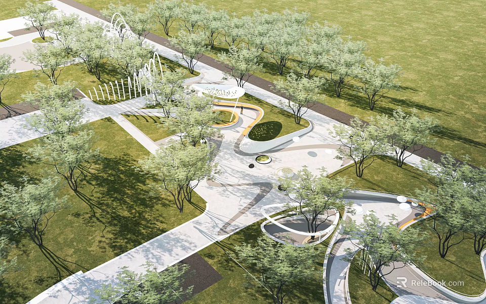 Modern Park Landscape Design With Curved Walkways Lawn Trees And Circular Seating Areas 3d model 