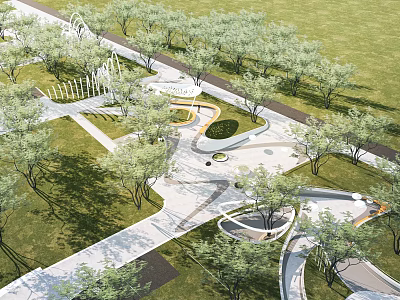 Modern Park Landscape Design With Curved Walkways Lawn Trees And Circular Seating Areas 3d model