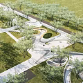 Modern Park Landscape Design With Curved Walkways Lawn Trees And Circular Seating Areas