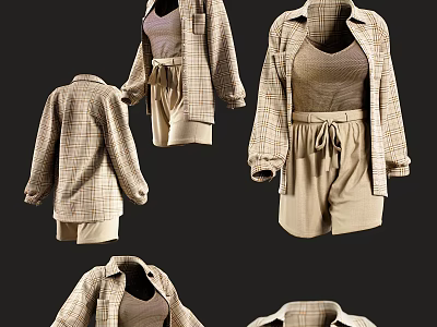 Casual Fashionable Outfit With Plaid Jacket Beige Vest Top And Tan Shorts 3d model