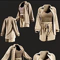 Casual Fashionable Outfit With Plaid Jacket Beige Vest Top And Tan Shorts