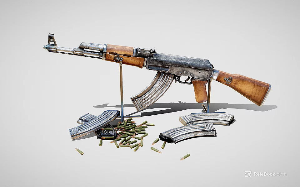 AK 47 Rifle With Magazines And Ammunition 3d model 
