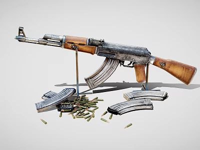 AK 47 Rifle With Magazines And Ammunition 3d model